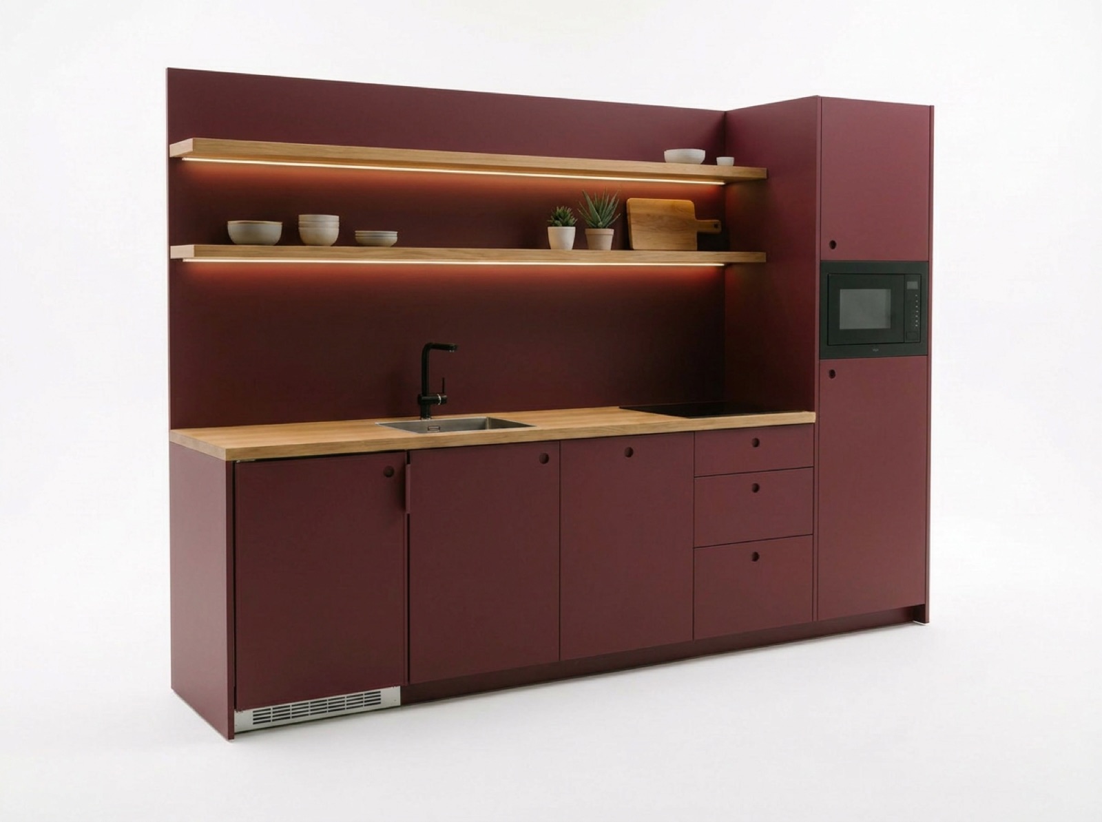 kitchen — burgundy with oak floating shelves
